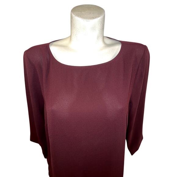 J. Jill Top Sz L Burgundy Crew Neck 3/4 Slv Pleated Hem Drop Waist Blouse Tunic - Picture 2 of 6
